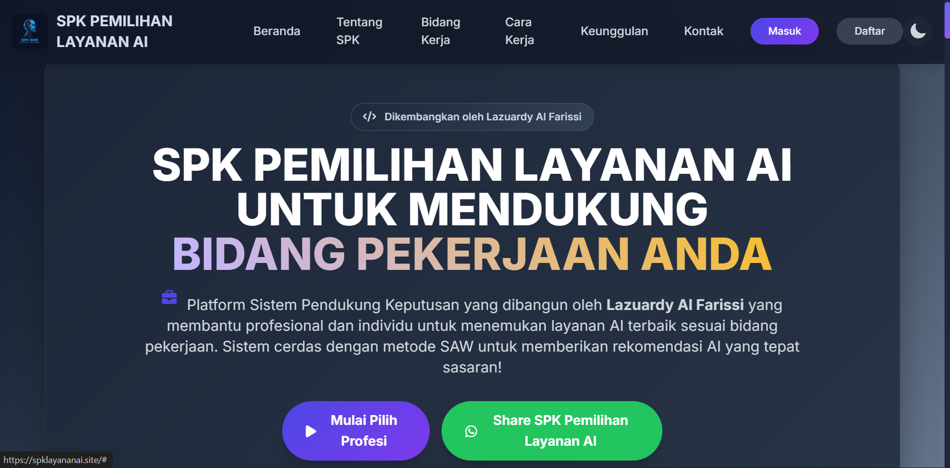 SISTEM PENDUKUNG KEPUTUSAN PEMILIHAN LAYANAN AI DENGAN METODE SAW - Web Development Project by Lazuardy Al Farissi